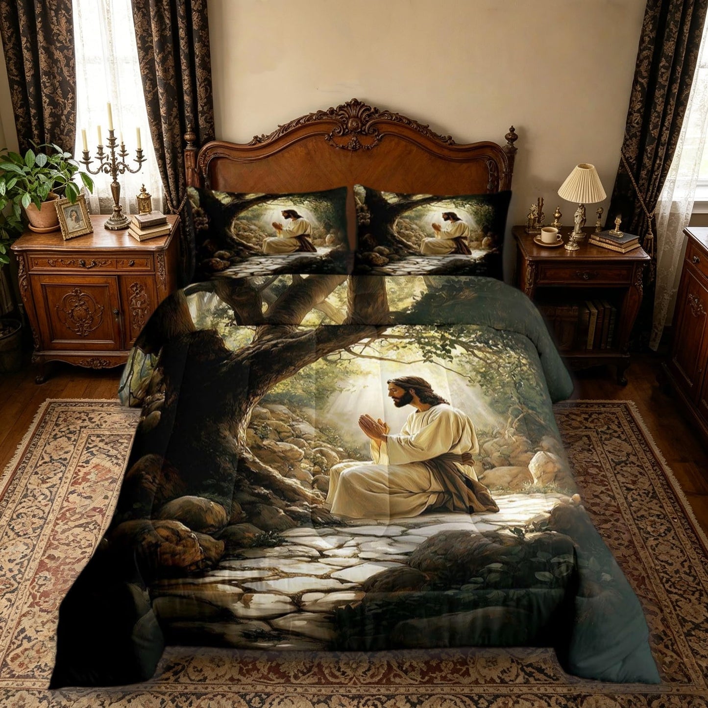 Manfei God Praying Girls Bedding Set Twin Size,The Garden of Gethsemane Comforter Set,Western Bible Verse Spiritual Quilt Comforter Girls Boys Teens,Black Gray Room Decor All Season,1 Pillowcase