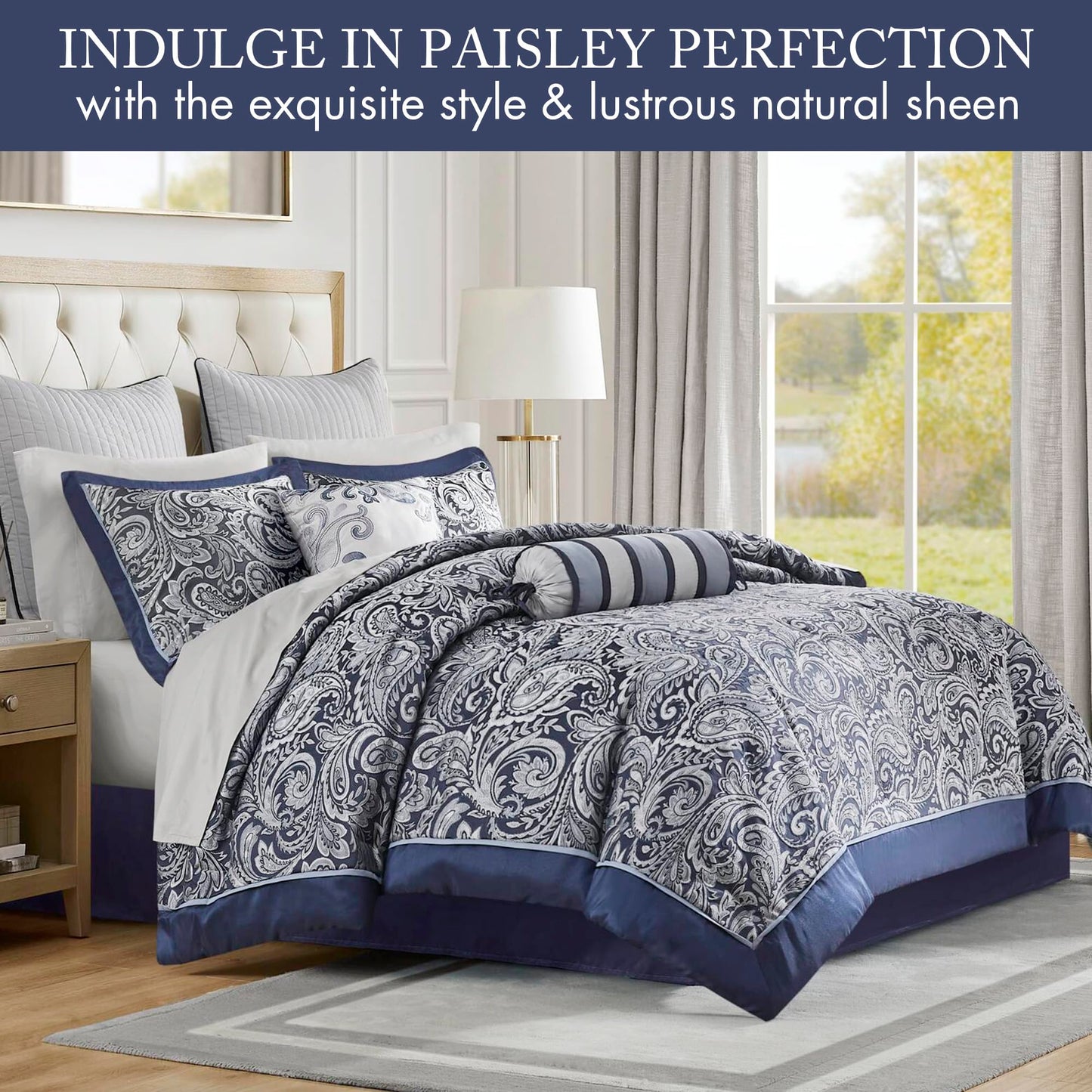Madison Park Aubrey Cozy Comforter Set, Faux Silk Jacquard Paisley Design - All Season Down Alternative Bedding with Cotton Bed Sheets, Bed Skirt & Toss Pillows, Queen Navy 12 Piece