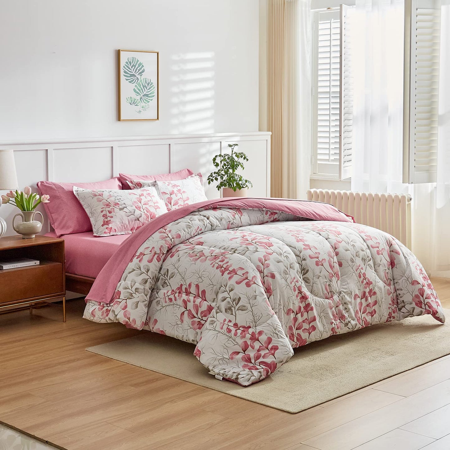 Pink Floral Comforter Sheet Set Bed in a Bag 7 Pieces Queen Size Pink Gray Flower Leaves Bedding Set (1 Comforter 2 Pillow Shams 1 Flat Sheet 1 Fitted Sheet 2 Pillowcases)