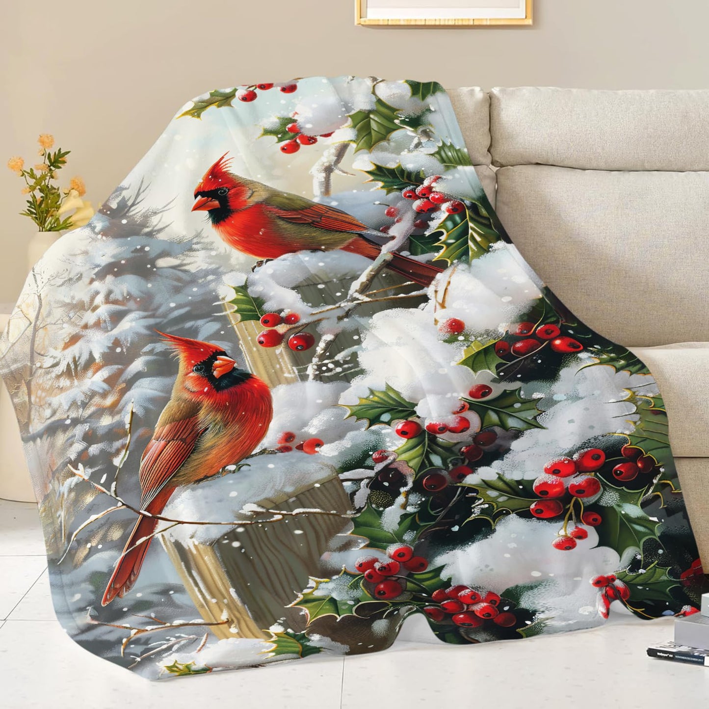 Dynova Christmas Bird Blanket Cozy Plush Red Birds Lovers Throw Blankets Fuzzy Flannel Fleece Winter Gifts for Girls Boys Women Men 50"X40"