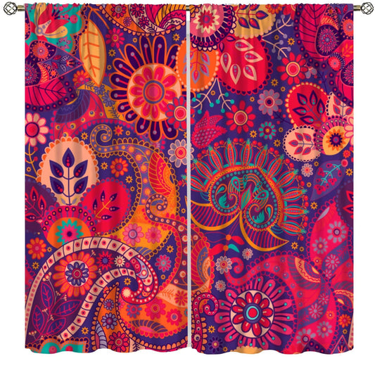 ICMOLYYENLO Vintage Bohemian Curtains, Abstract Paisley Floral Boho Style Indian Mandala Pattern Print Living Room Blackout Curtains for Bedroom 42x44 Inch
