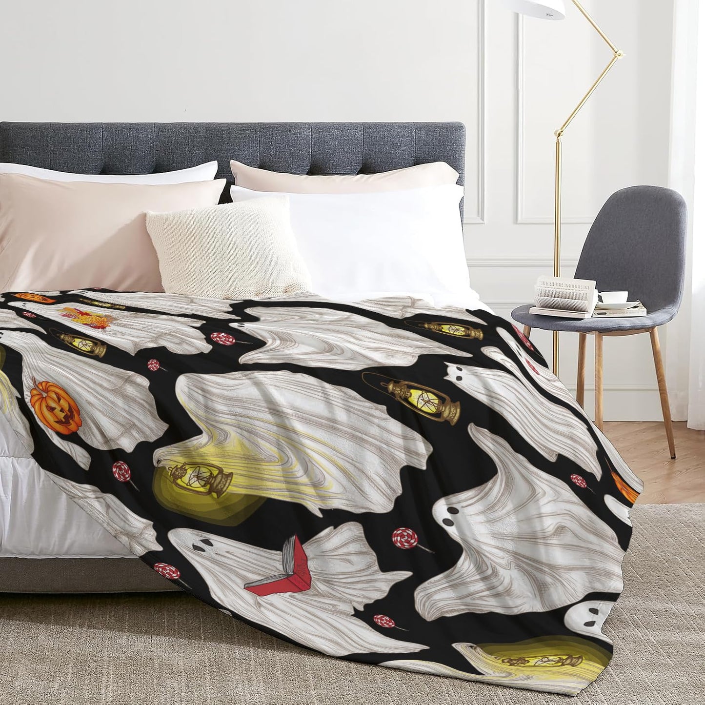 Home Decor Throw Blanket, Halloween Ghosts Warm Soft Cozy Flannel Bed Blankets for Bed, Couch, Sofa and Chair, All Seasons Suitable, 60x50 inches