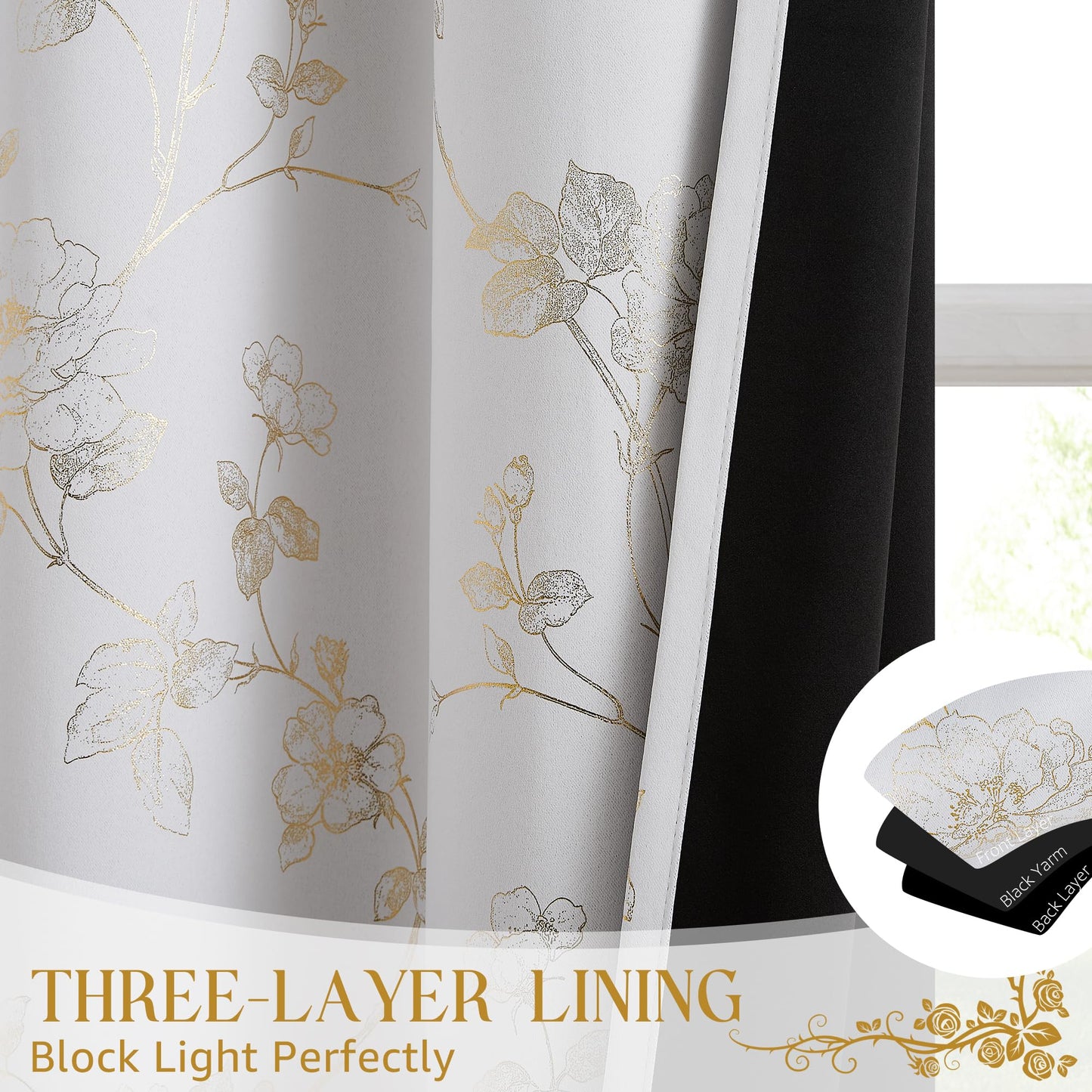 Ronaldecor Floral Full Blackout Window Curtains 84 Inches Long for Bedroom White Gold Rose Drapes Room Darkening Thermal Insulated Noise Reduction Grommet Window Treatments Sets, 52" W, 2 Panels