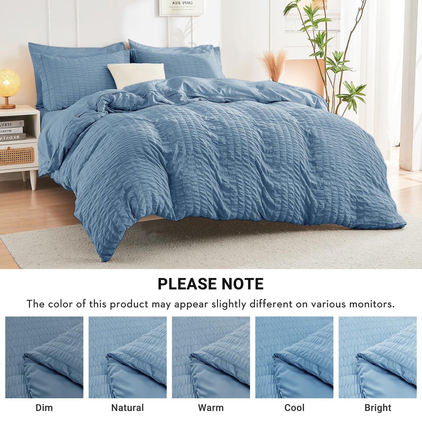 HYMOKEGE Mineral Blue Twin Comforter Set Seersucker 5 Pieces, All Season Luxury Bed in a Bag for Bedroom, Bedding Set with Comforter, Sheets, Pillowcase & Sham