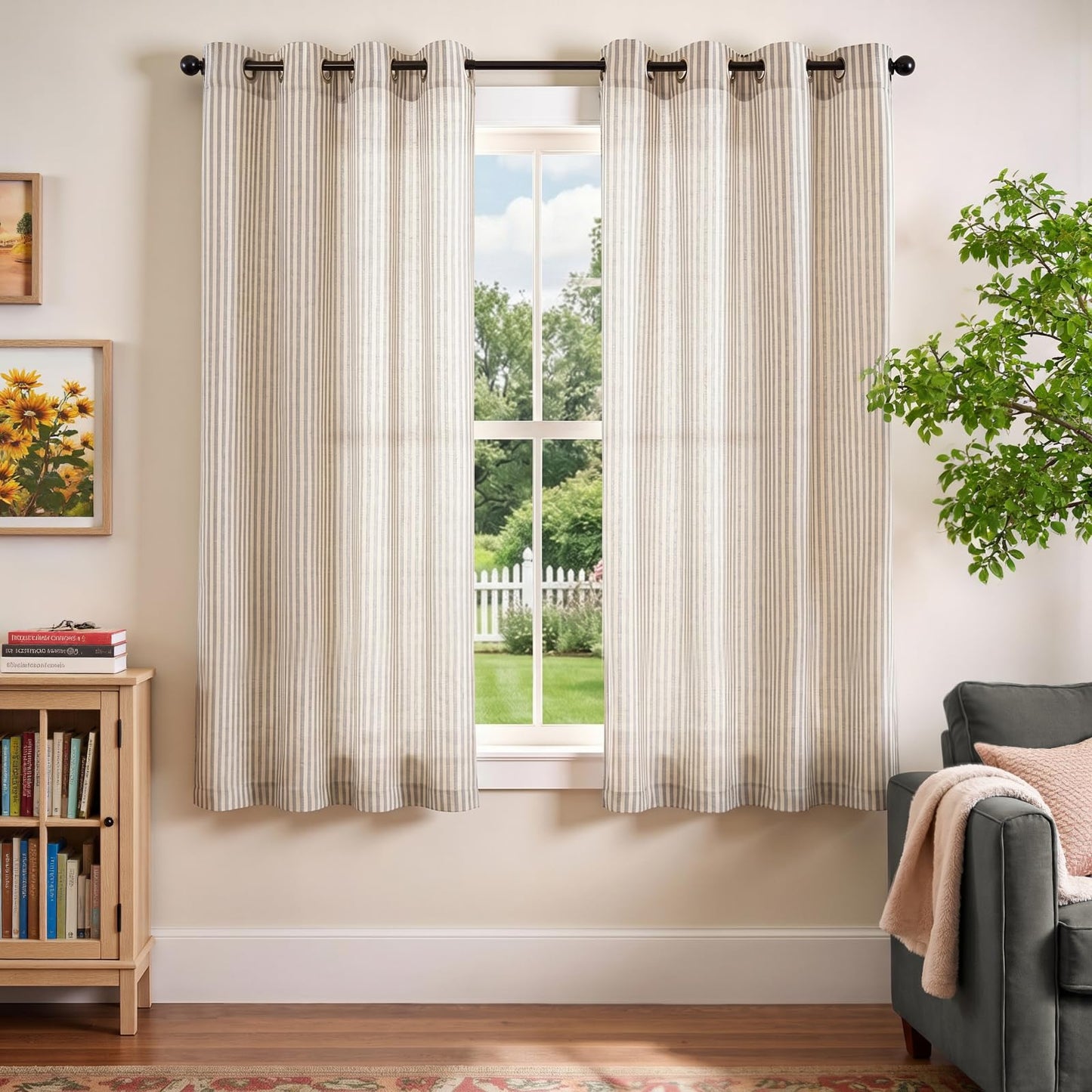 Vangao Linen Striped Curtains for Living Room Bedroom Farmhouse Tickingstripe Light Filtering Window Curtains Printed Drapes Grommet Top 2 Panels Grey W50 x L63 Inch