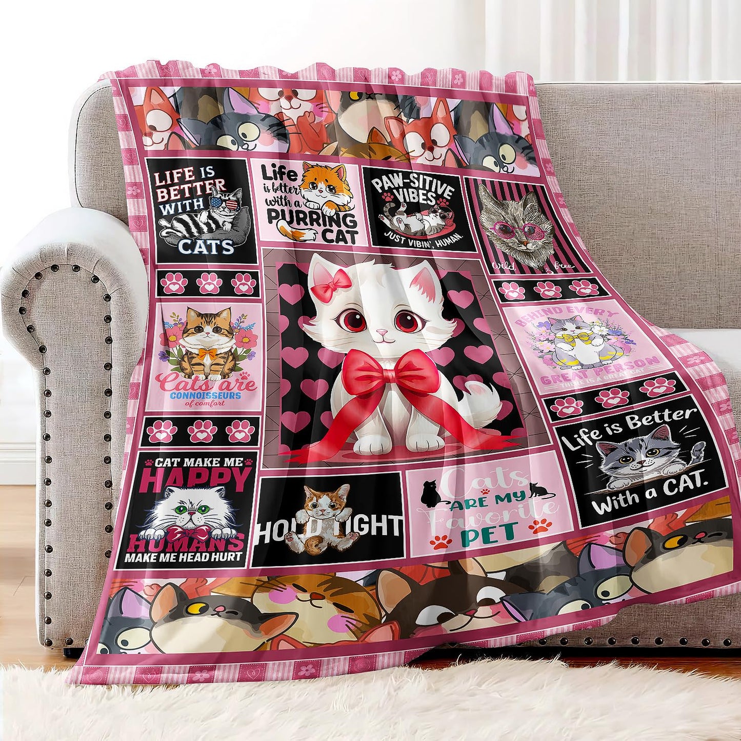 XSMEI Cat Throw Blanket, Cute Kitten Quotes Collage, Soft Cozy Fleece Blanket for Couch Bed, 60 x 80 Inches