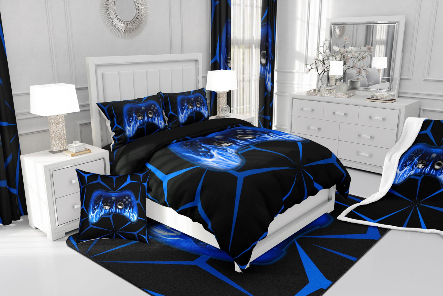 Feelyou Kids Gamer Comforter Set,Gaming Bedding Set Queen Size for Boys Girls,3D Geometric Video Game Console Comforter,Blue and Black Game Contoller Bed Set for All Season