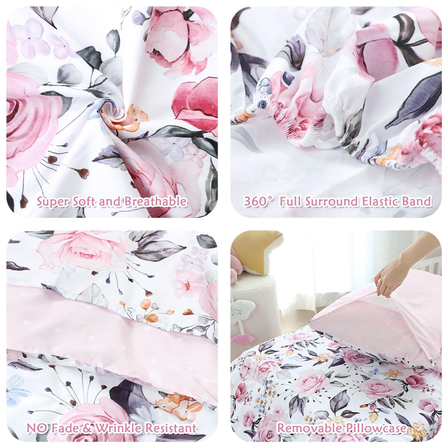 Pea Pod Toddler Bedding Set for Girls, 4 Piece Soft & Breathable Floral Crib Bedding Set, Bed-in-A-Bag Toddler Microfiber Sheet Set, Includes Comforter, Flat Sheet, Fitted Sheet, Pillowcase, Pink
