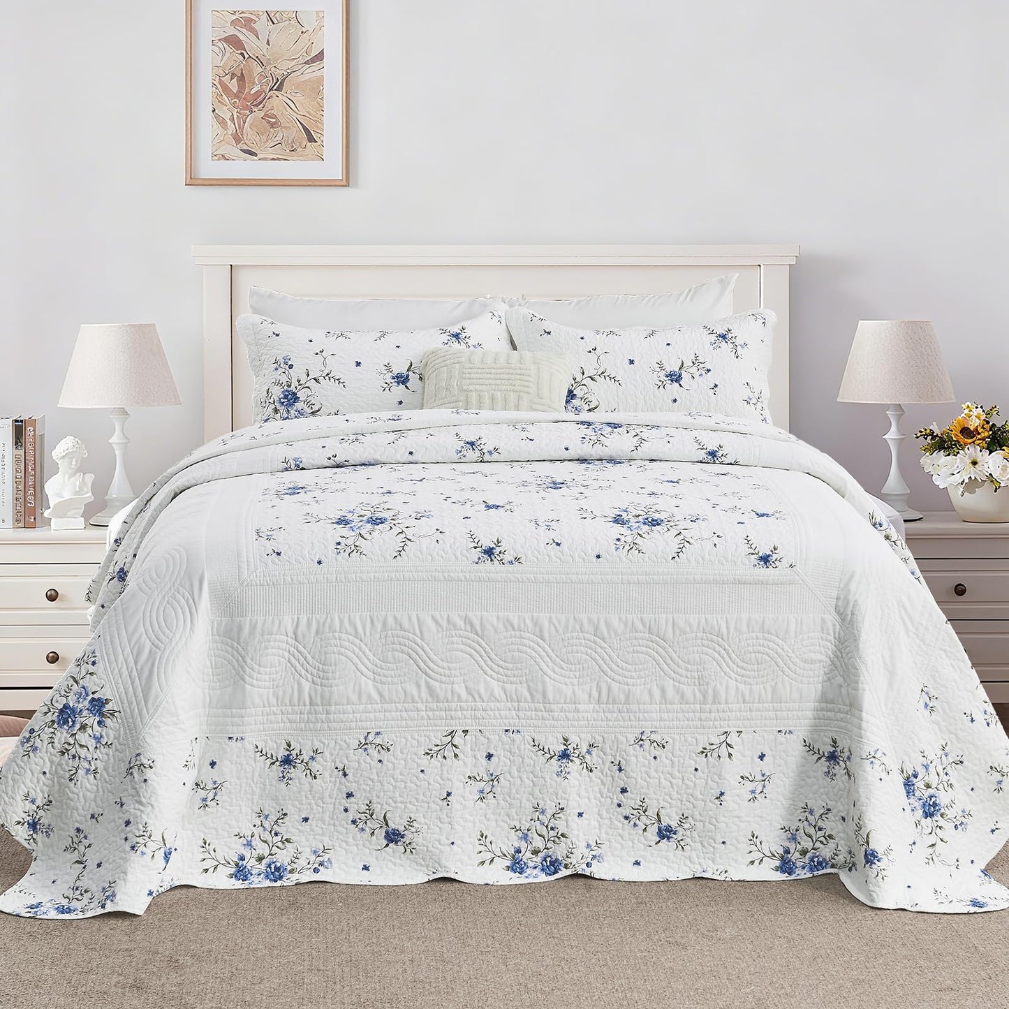 CozyStitch Floral Bedspread 128"x120" California King Quilt, 100% Cotton XL Oversized King Bedspread Coverlet Set with 2 Pillowshams, Lightweight Farmhouse Quilted Comforter, White/Blue/Green, 3 Pcs