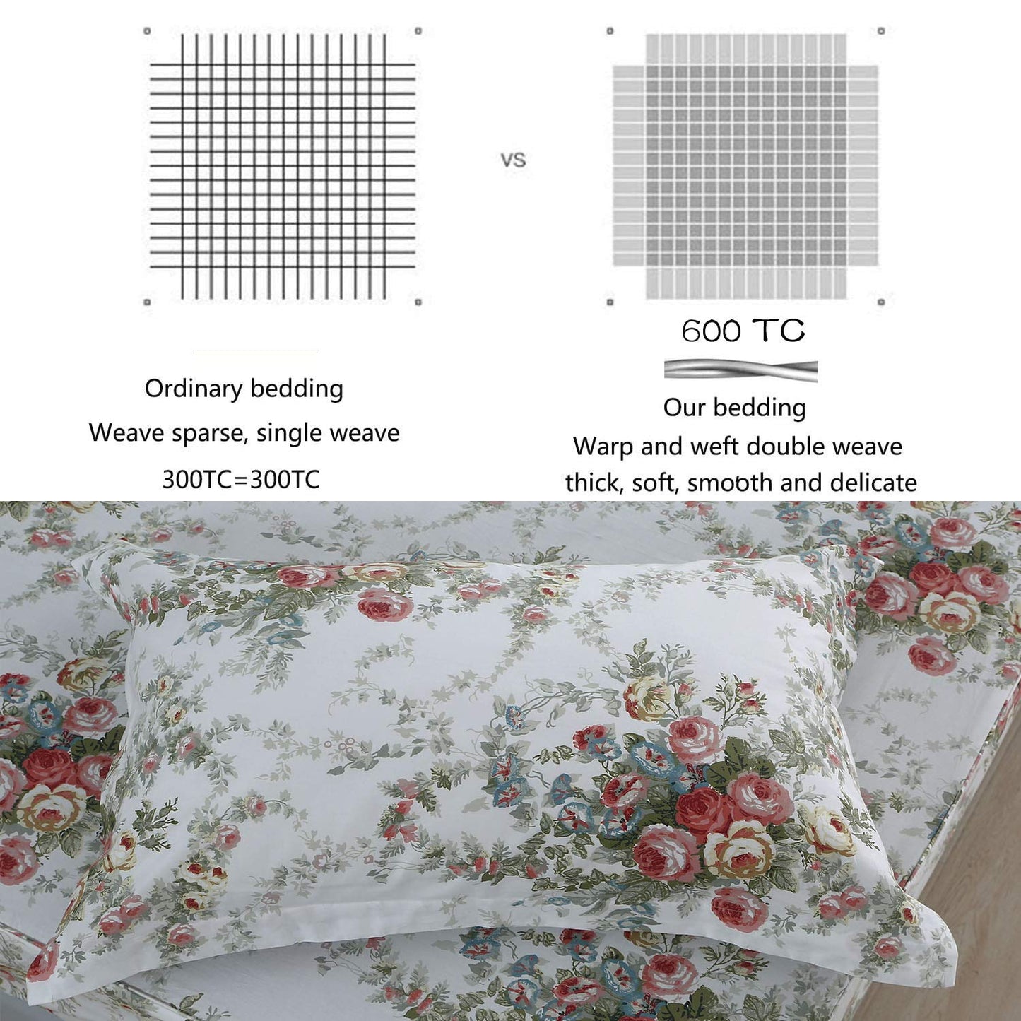 FADFAY Sheet Set Cal King Vintage Rose 100% Cotton Hypoallergenic White and Grey Deep Pocket Fitted Sheet 4-Pieces Cal King