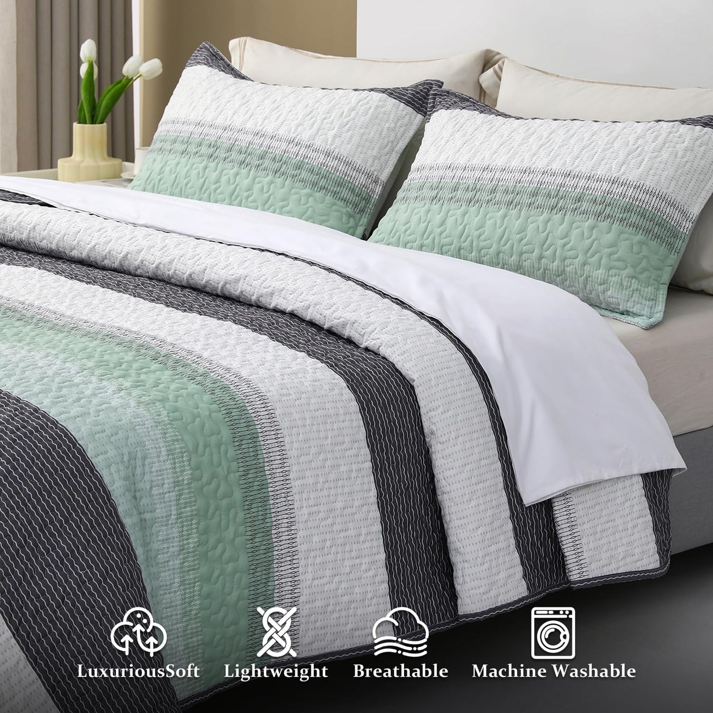 DURLENGEN Quilt Set King Size 3Pcs,Soft Microfiber Lightweight Bedspread,White & Green Striped Geometric Pattern Coverlet for All Season Layering(King 106x96,Mint Green)