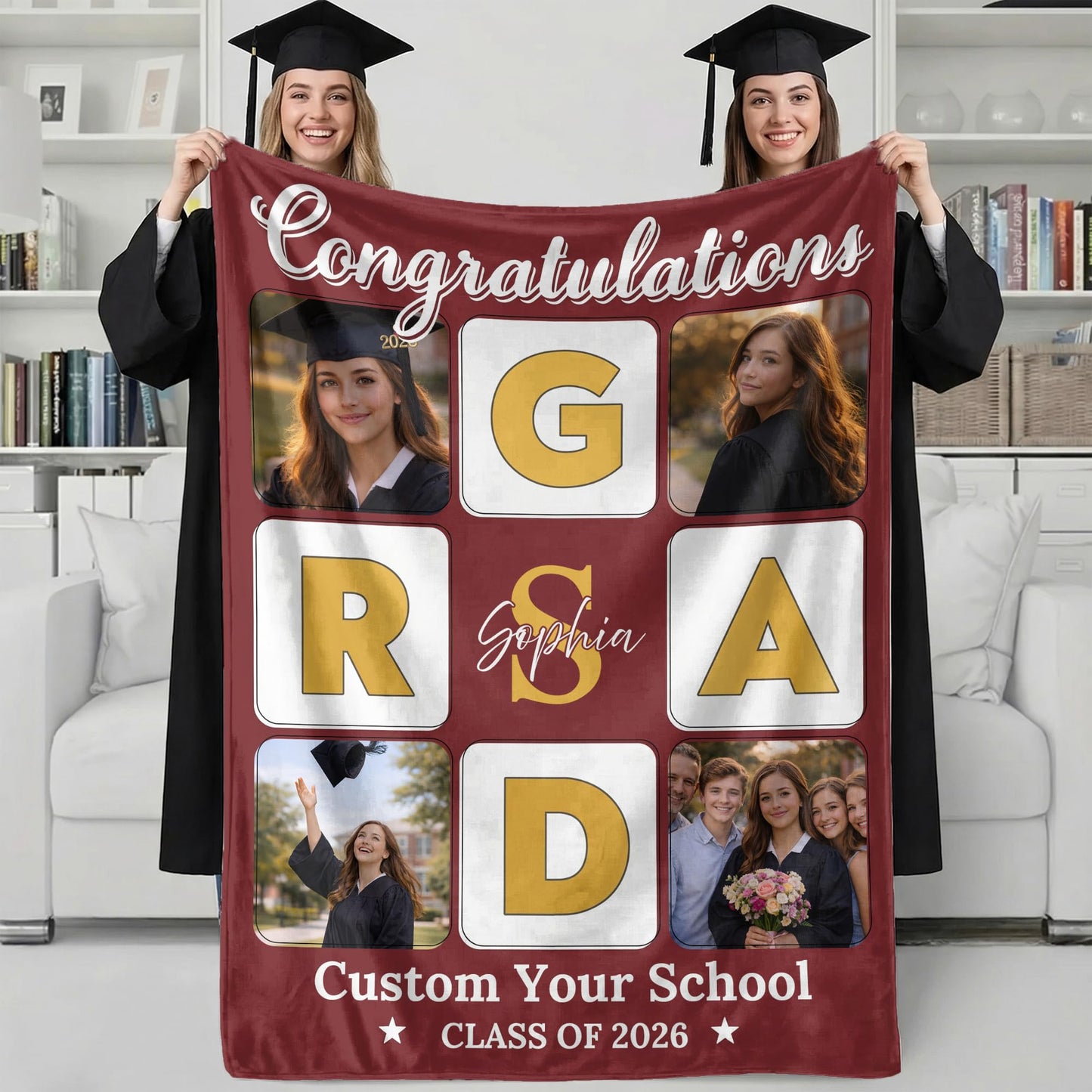 Ipplee Personalized Graduation Blanket with 4 Photos Custom Class of 2026 Flannel Throw Blanket with Name-Grad Photo Collage Blanket, Senior Graduation Gifts for Student Her Him High School College