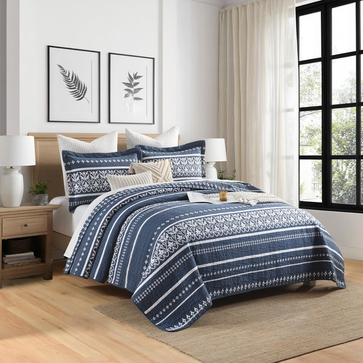 BCOTTOND Quilt Set 100% Cotton Boho Striped King Quilt,Navy Blue Quilt King Size Bohemian Pattern King Bedspread Lightweight All Season 3 Piece