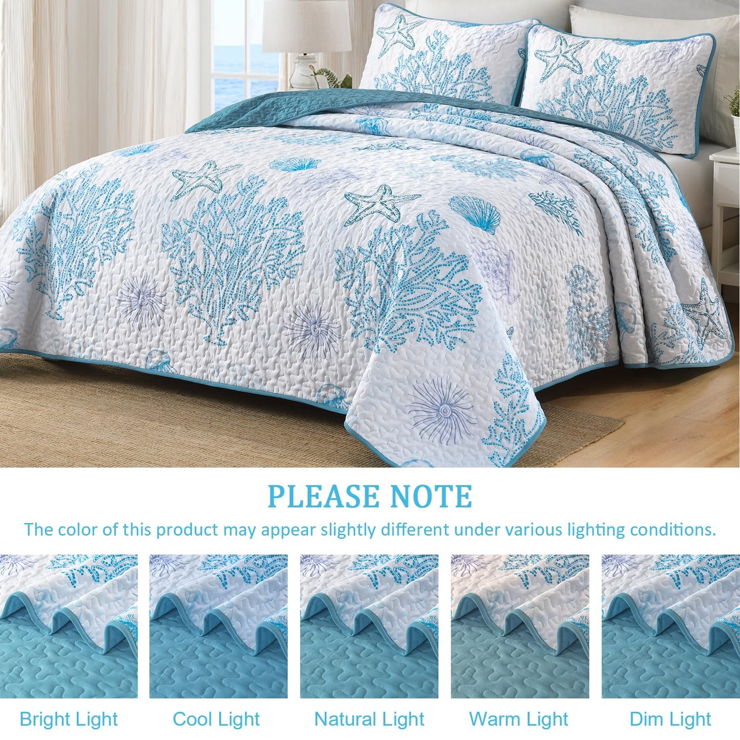 DJY Ocean Coastal Quilt Sets King Size,Reversible Microfiber Quilts with 2 Shams Soft Lightweight Beach Bedding Green Nautical Bedspread Coverlet Summer Comforter Set for All Season,110"x90"