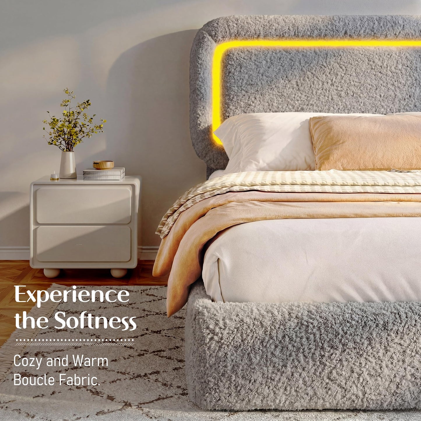 Homkdom Upholstered Full Bed Frame with Led Lights,Boucle Upholstered Full Size Bed Frame with Headboard,Soft Bed Frame Full,Anti-Collision Round Corners,No Box Spring Needed,Modern,Grey