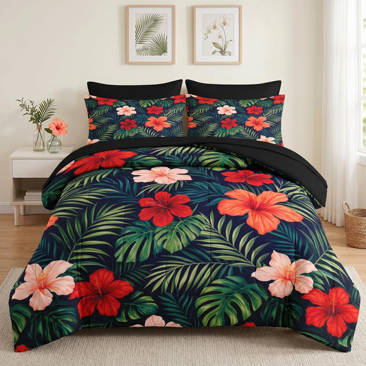 Pamnest Comforter Set Twin Size, Summer Colorful Hawaiian 5 Pcs Bedding for Kids and Adults, Tropical Plants Hibiscus Bed Sheet Sets with Fitted Sheet Pillowcase & Sham for Bedroom Bed Decor