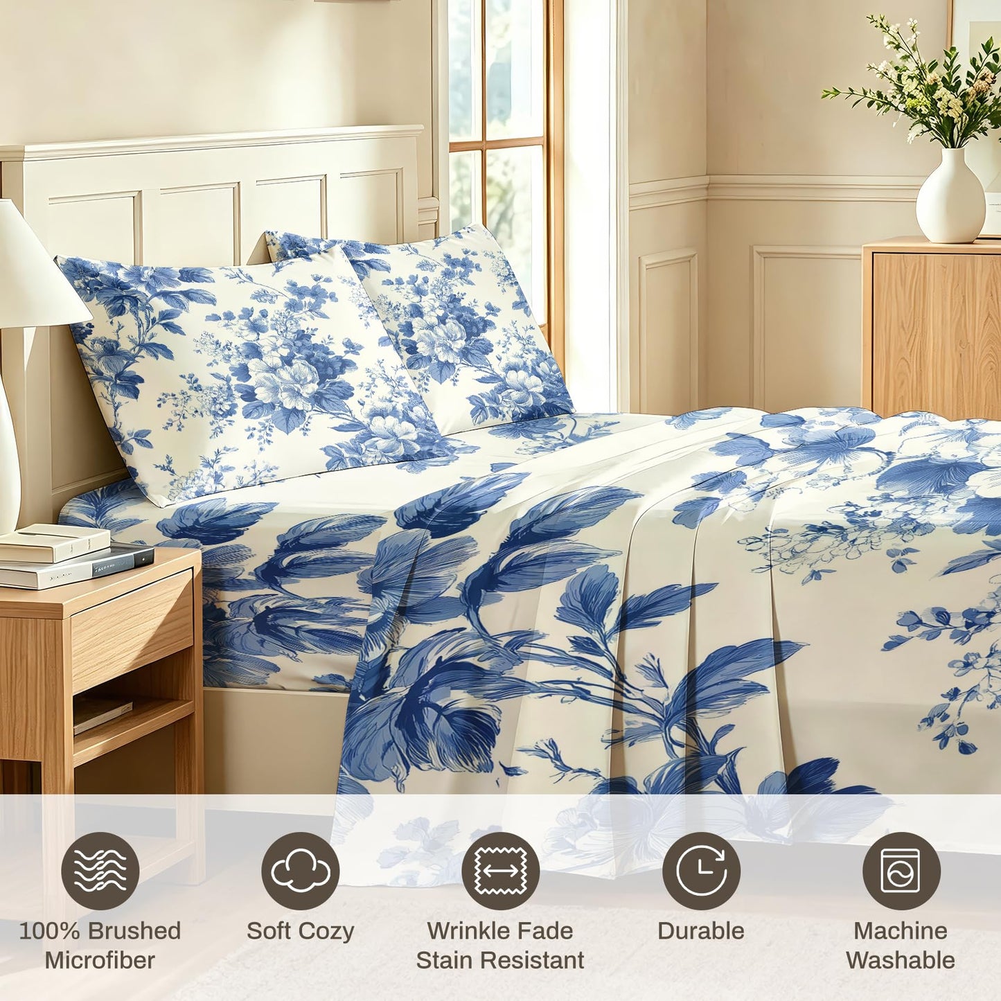 Blue and White Floral King Sheet Set 4 Pcs Chinoiserie Bed Sheets