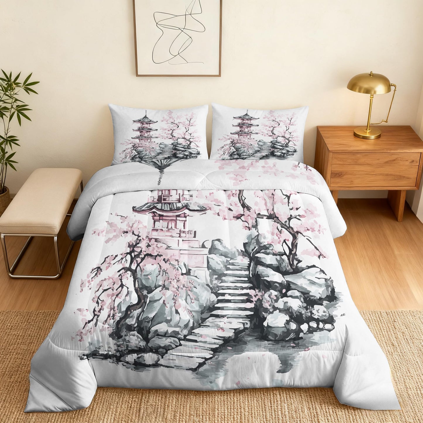 ZDABAOEC Japanese Twin Comforter Set 2 Piece, 1 Pillow Sham, Chinese Oriental Asian Style Reversible Down Alternative All Season Bedding, Soft Microfiber, Japanese Bedroom Decor