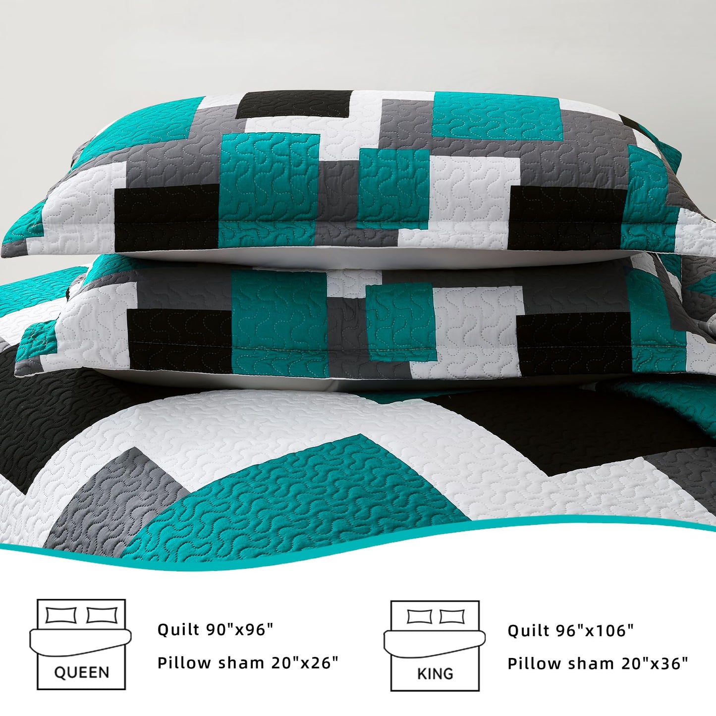 Tyrot 3 Piece Teal/Turquoise Grey Quilt Set King Size Black White Geometric Reversible Bedding Set Microfiber Lightweight Bedspread Coverlet with 2 Shams Modern Bed Covers for All Season, 106''x96''