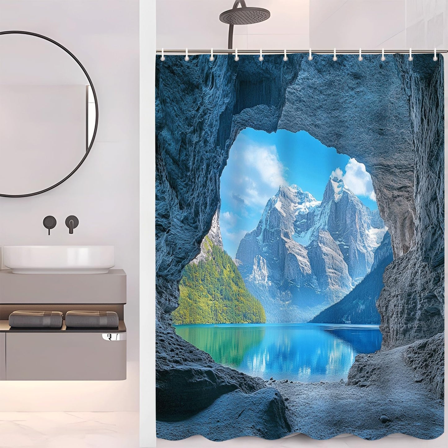 ZROLUW Snow Mountain Lake Shower Curtain Waterproof Soft Polyester Fabric 72" W x 84" L Rock Cave Nature Landscape Shower Curtains with Grommets Bathroom Accessories Decor