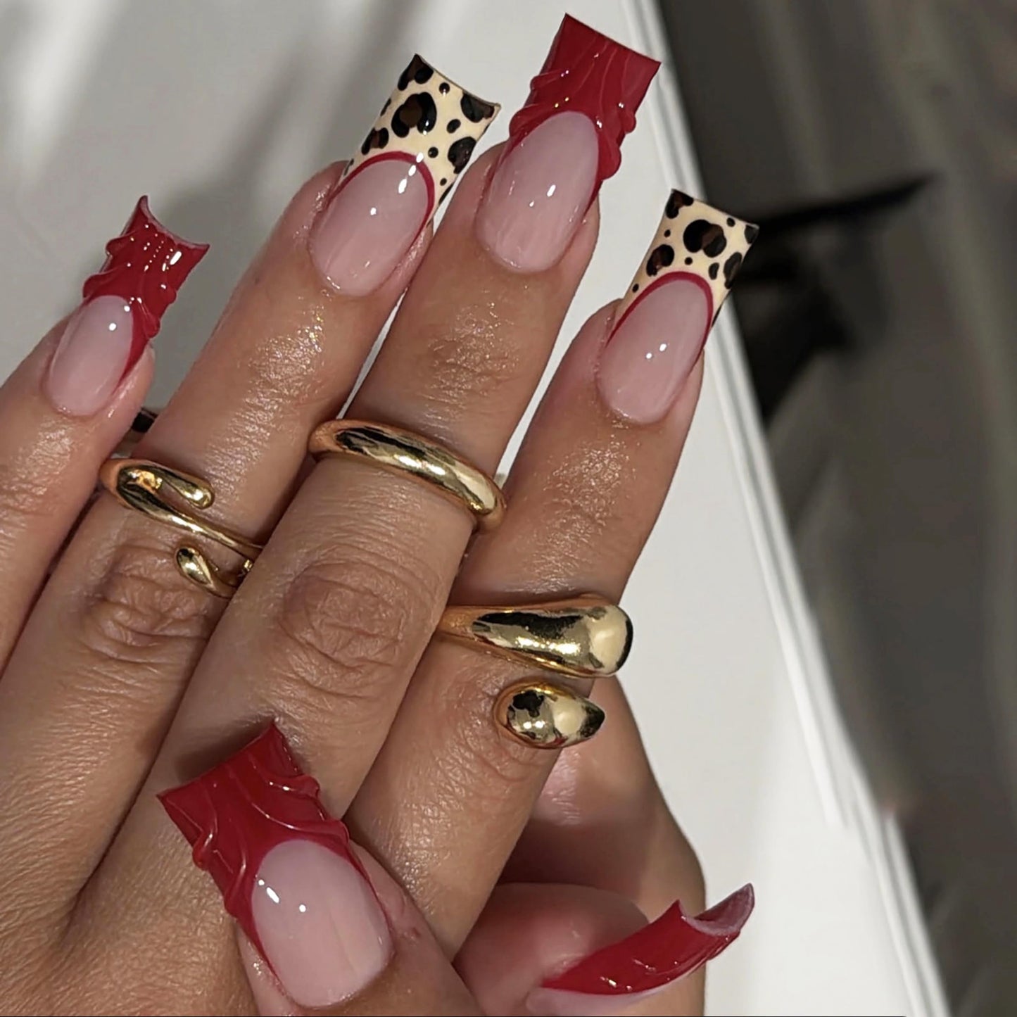 MERVF Press on Nails Long Square, Red 3D French Tip Fake Nails Leopard Animal Print Design Glue ons Cheetah Acrylic Nail Glossy 24pcs