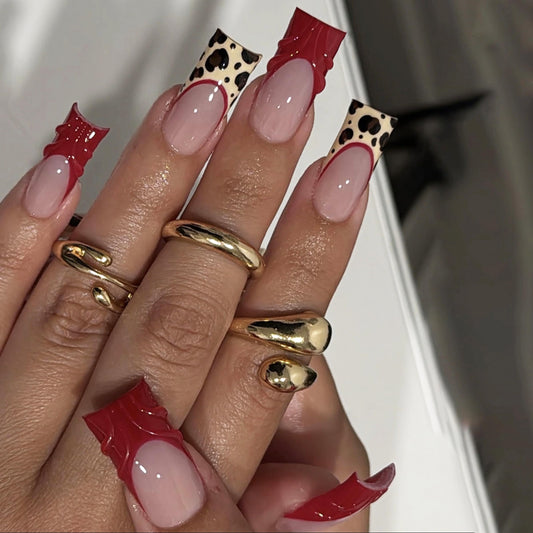 MERVF Press on Nails Long Square, Red 3D French Tip Fake Nails Leopard Animal Print Design Glue ons Cheetah Acrylic Nail Glossy 24pcs