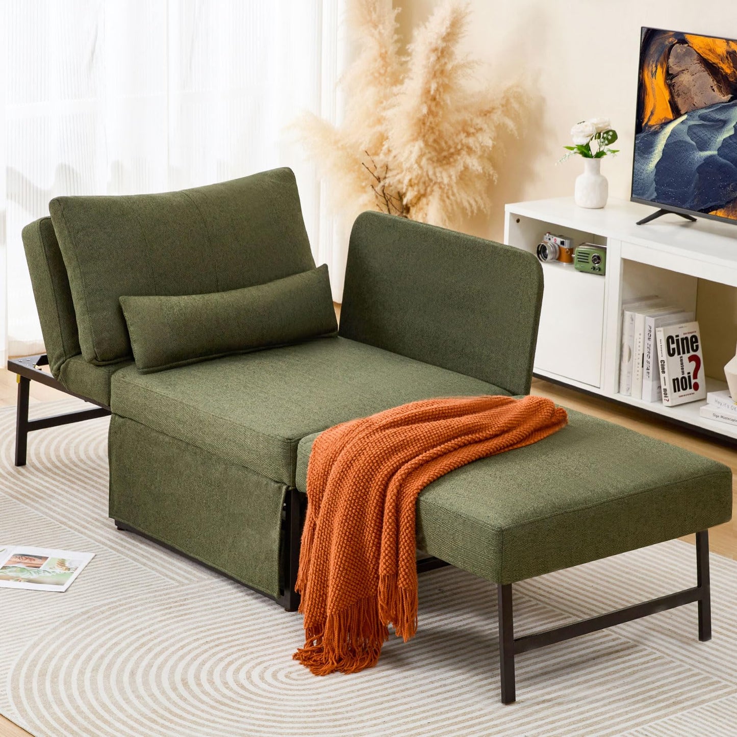 ZZW Sleeper Chair Bed Upgrade 4-in-1 to 5-in-1 Convertible Multi-fuction Sofa Chair w/Adjustable Backrest Assembly-Free Linen Folding Sofa Ottoman Bed for Living Room Apartment (Deep Green)
