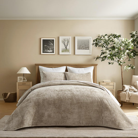 EverGrace Velvet Quilt Set King Size, Luxurious Soft Striped Channel Bedding Set, Lightweight Velvet Comforter for All Season, Oversized Bedspread Coverlet with 2 Matching Shams, Beige Taupe