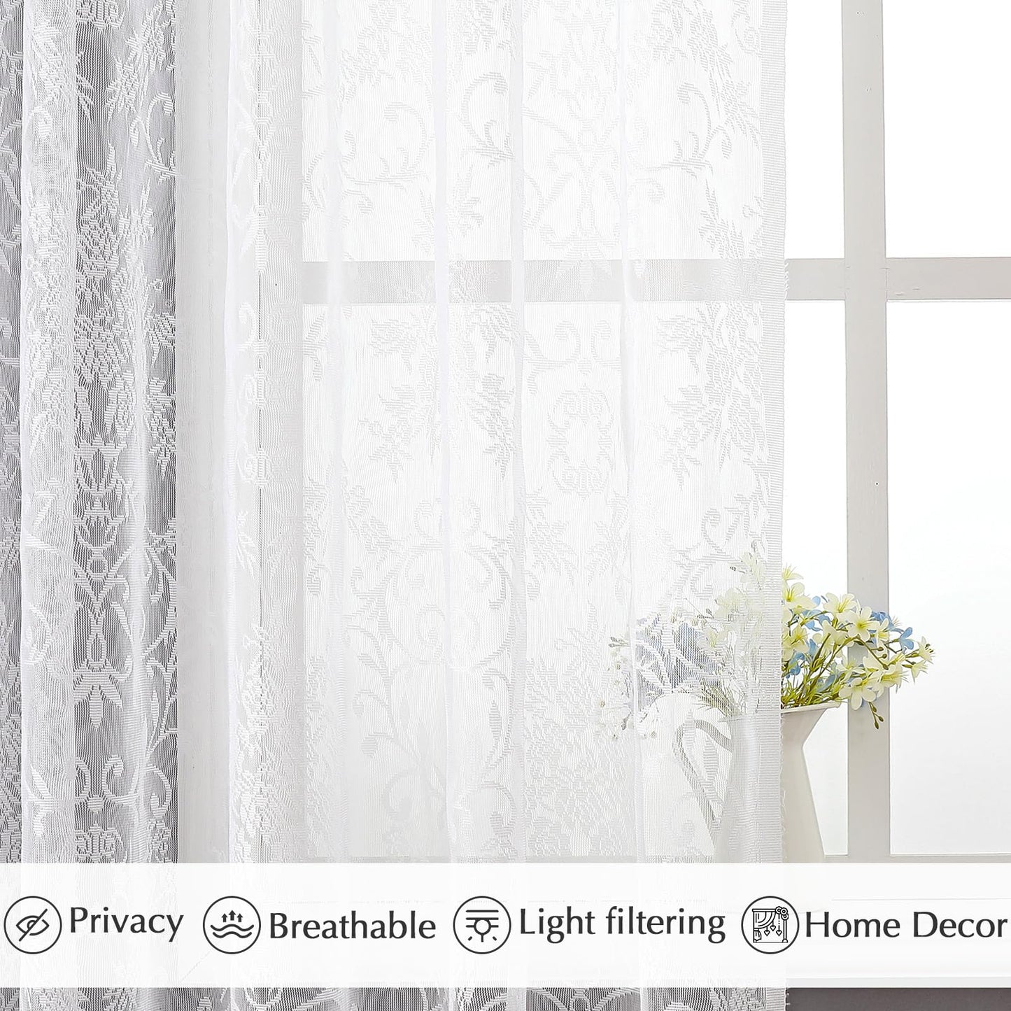 WUBODTI 84 Inch White Lace Curtains with Valances Attached 2 Panels, Floral Embroidered Semi Sheer Window Curtain Lace Tulle Rod Pocket Window Drapes with Valance for Living Room Bedroom Balcony