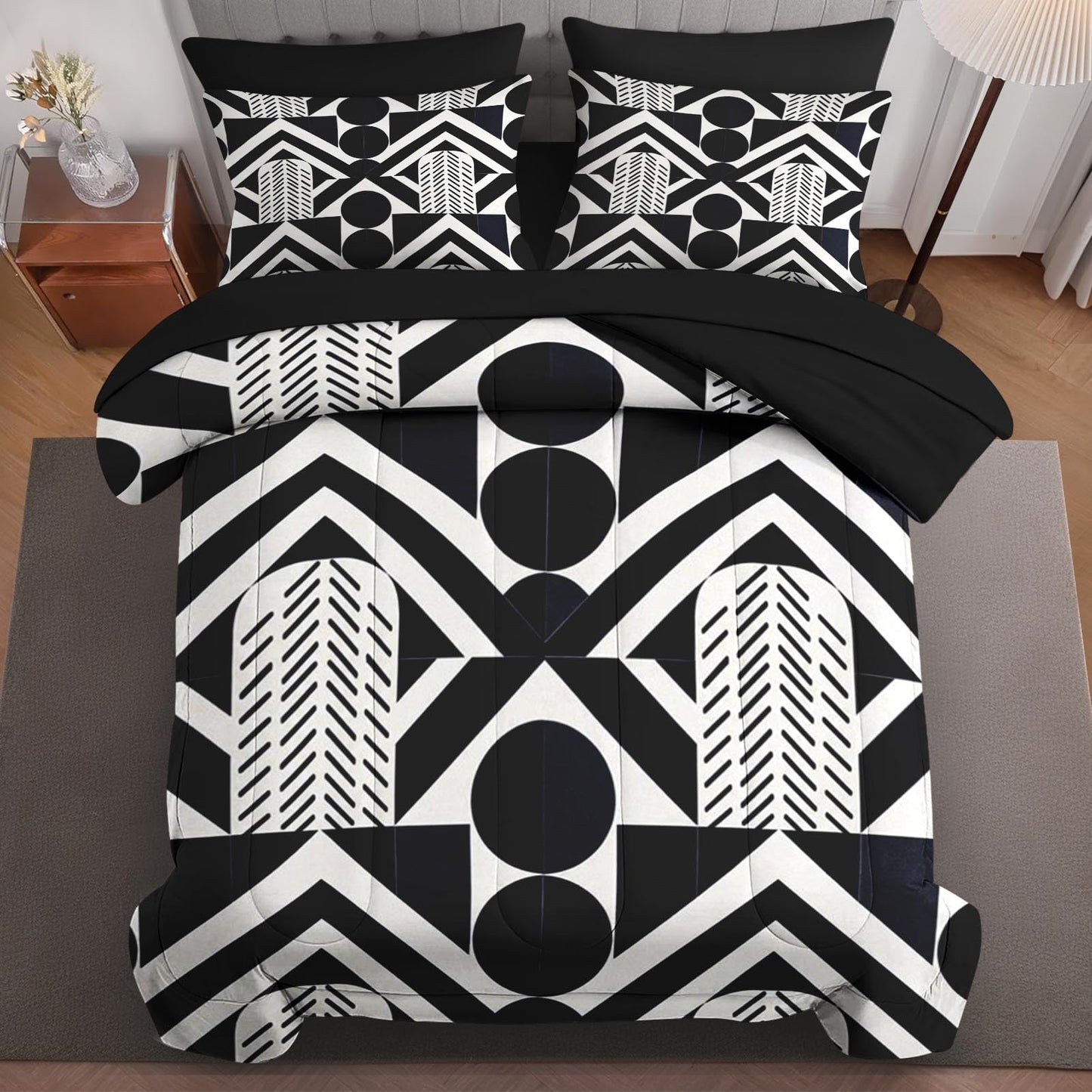 Boewywh Comforter Set Twin Size Geometric Modern Abstract 7 Pcs, Bedding for Kids and Adults, Black White Bed Sheet Sets with Fitted Sheet 2 Pillowcases & 2 Shams for Bedroom Bed Decor