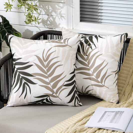 MIULEE Pack of 2 Decorative Outdoor Waterproof Throw Pillow Covers Patio Pillow Cases Natural Leaves Pattern Spring Square Cushion Shams Shell for Garden Balcony Couch 18x18 Inch, Coffee Brown