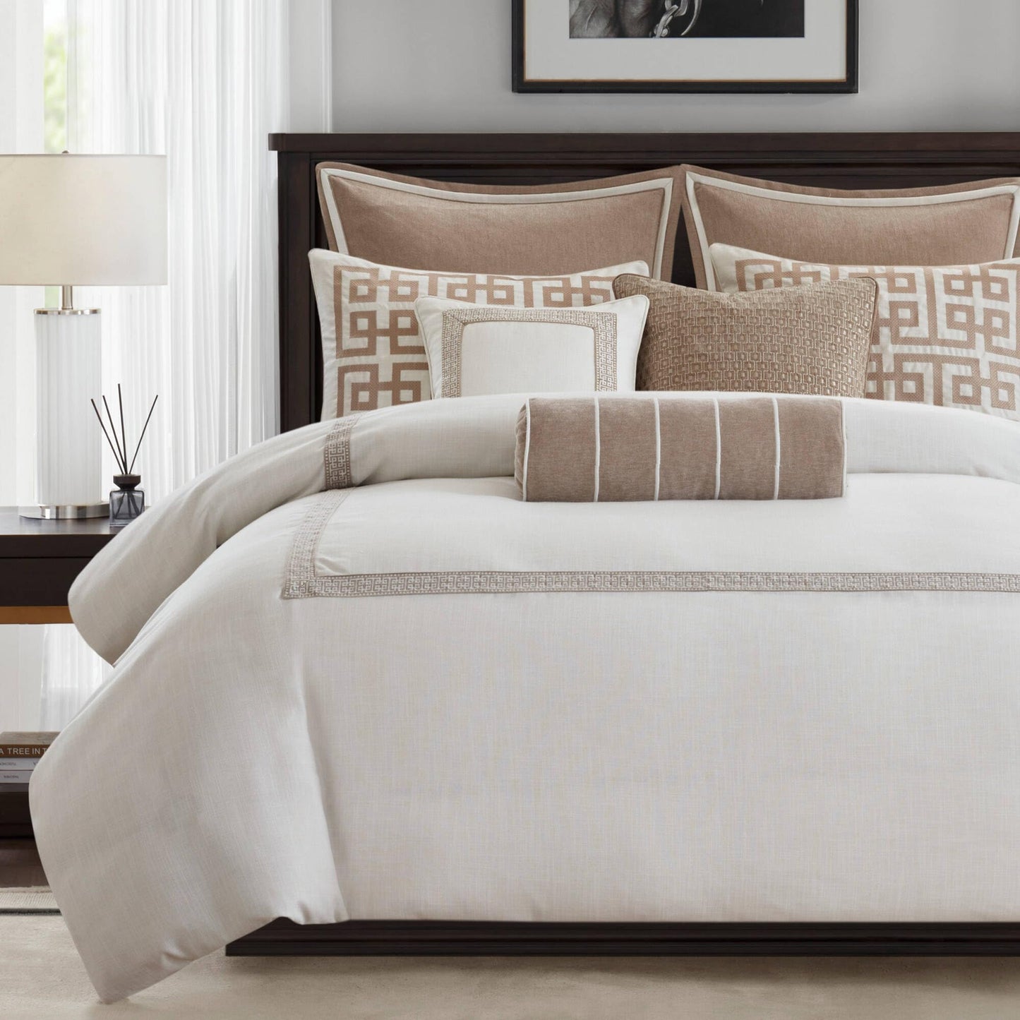 Madison Park Signature Oversized Queen Comforter Set, Luxury Hotel Style Bedding with Embroidered Details, All Season Down Alternative Comforter, Matching Shams&Decorative Pillows, Tan/Ivory, 8 Piece