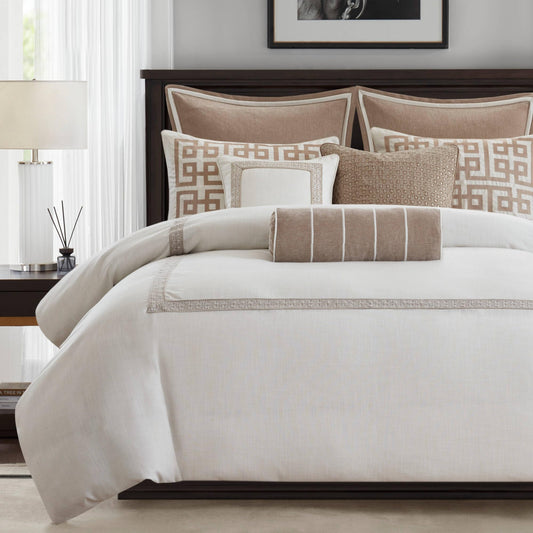 Madison Park Signature Oversized Queen Comforter Set, Luxury Hotel Style Bedding with Embroidered Details, All Season Down Alternative Comforter, Matching Shams&Decorative Pillows, Tan/Ivory, 8 Piece