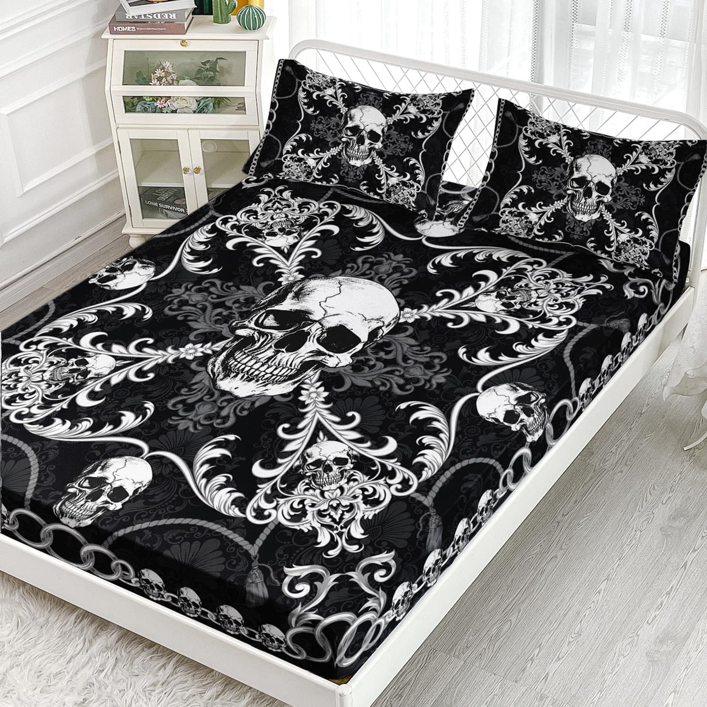 AILONEN Goth Skull Fitted Sheet Set Queen Size,Black and White Skull Bed Sheet Set,Boys Kids Goth Skull Skeleton Bedding for Adults,Boho Floral Skull Fitted Sheet +2 Pillowcases,3-Piece