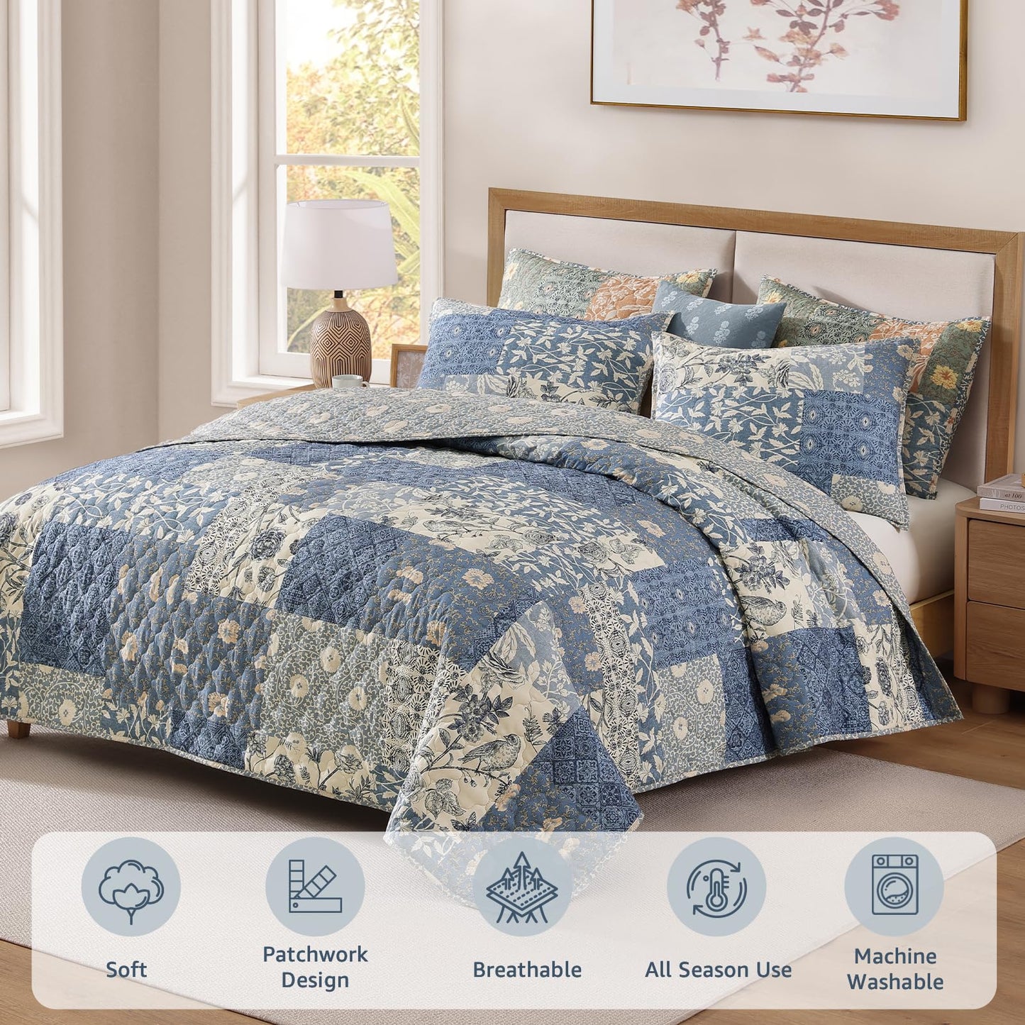 CASAAGUSTO Queen Quilt Set - 3 Pieces Patchwork Blue Quilt Bedding Set, Lightweight Queen Bedspread Coverlet, Reversible Floral Bed Cover for All Seasons (90"x94", 1 Quilt + 2 Pillow Shams)