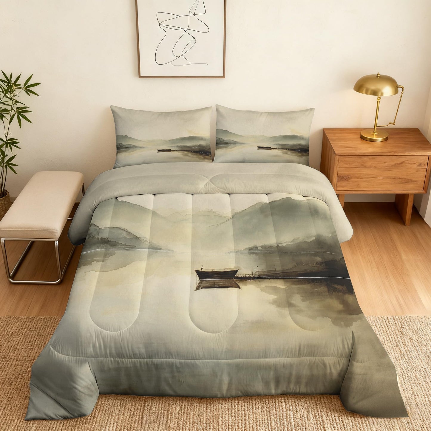 TANCAPRIUM Asian Comforter Set Twin - Japanese Landscape Bedding Set & 2 Pilow Cases for All Season - Soft Reversible Down Alternative 3 Piece. Asian Bedrom Decor