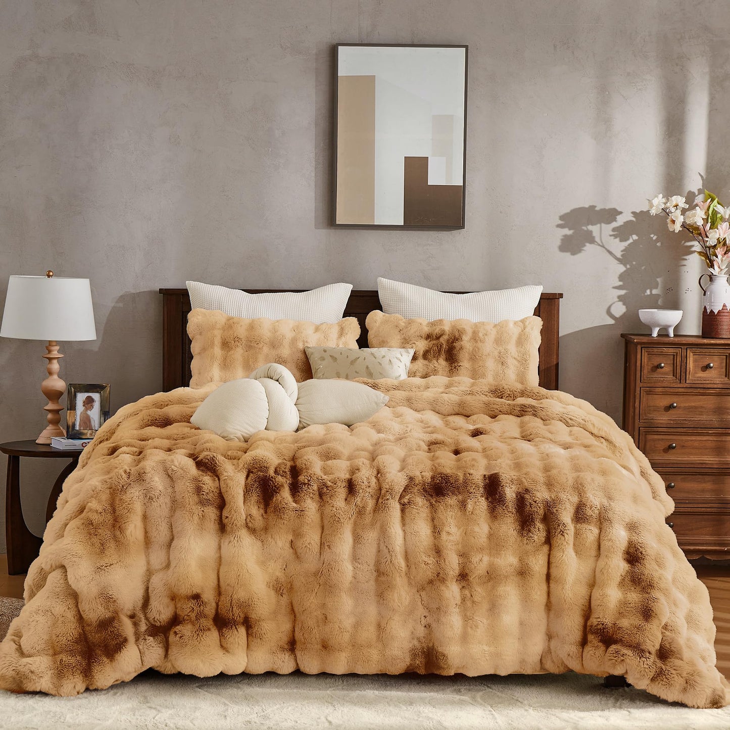 Wonderful 3 Pieces Fluffy Faux Rabbit Fur Bubble Comforter Set King Size, Tie-Dyeing Caramel Plush Fuzzy Bedding Set, Warm Soft Bubble Comforter Bedding Set for Winter