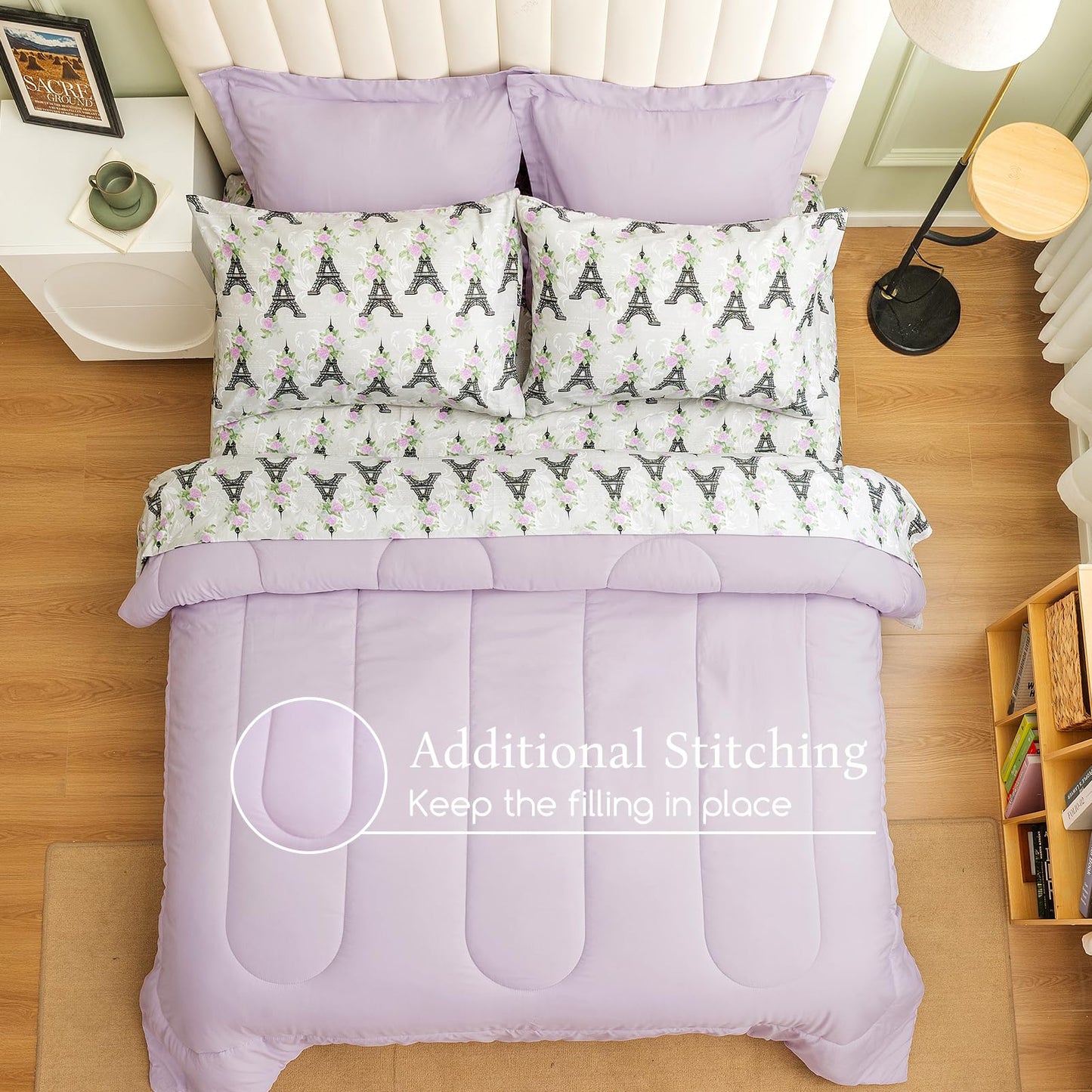 ARTALL Twin Bed in a Bag 5 Pieces, Light Purple Solid Comforter with Eiffel Tower Floral Sheet Set, French Chic Style Soft Bedding Sets with Comforter, Sheets, Pillowcase & Sham for All Seasons