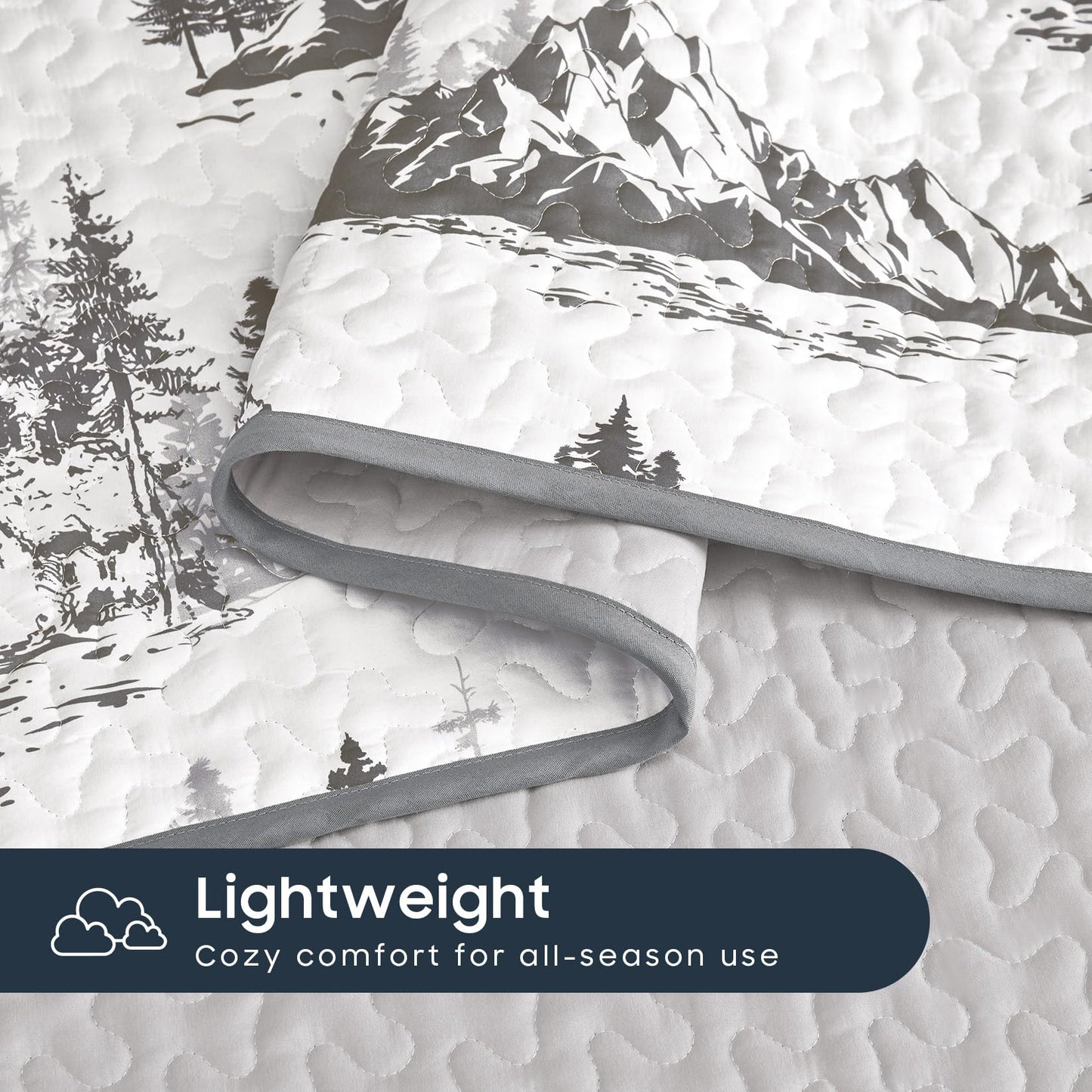 Wake In Cloud - Rustic Quilt Set, Cabin Forest Woodland Camping Theme with Lodge Mountain Print, Reversible Lightweight Bedspread Coverlet, 3 Pieces, Grey White, Queen/Full Size
