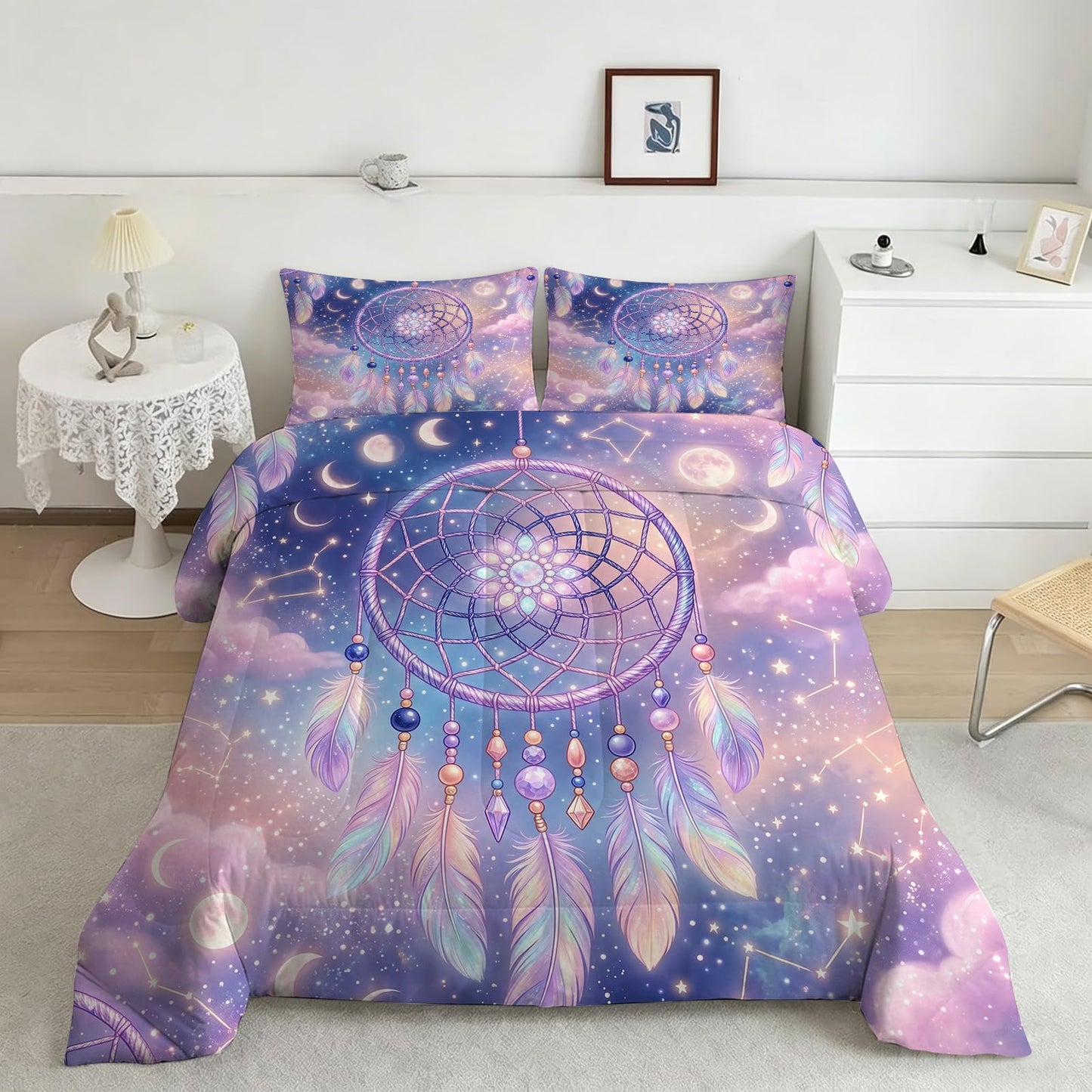 DJNEAR Purple Dream Catcher Comforter Set, Boho Galaxy Star Moon Print Bedding Set Twin Size for Kids Boys Girls Teens, Soft Microfiber Room Decor 1 Comforter 1 Pillowcase