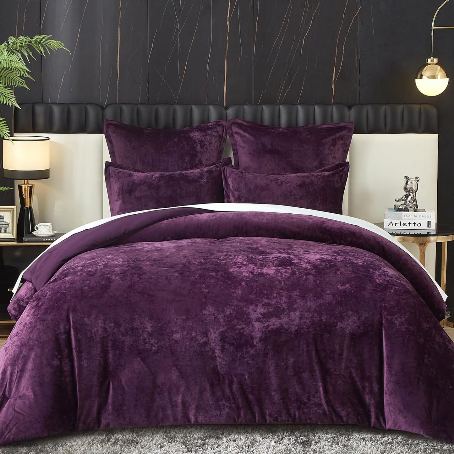 Ivellow Crushed Velvet Comforter Set Queen Purple Comforter Set 5pcs Ultra Soft Lightweight Breathable Bedding Set Luxury Cozy Flannel Comforter Queen Size (1 Comforter,2 Pillow Shams, 2 Euro Shams