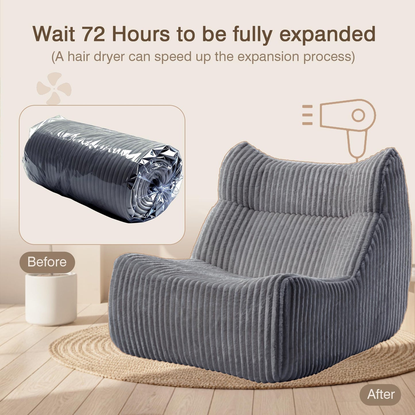 Ayiseedmid Lazy Floor Sofa, Comfy Sofa, Big Bean Bag Chairs, Fireside Chair for Living Room, Bedroom, Office (Grey, Single Seat)