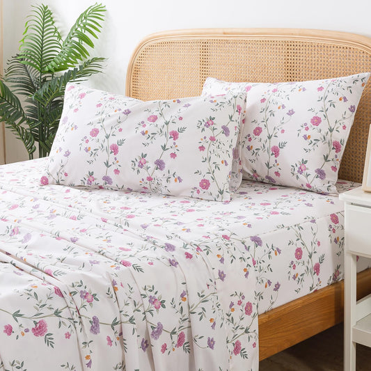 Zusbest- Queen Sheets, Soft 100% Cotton Pink & Off White Floral Bed Sheets,Shabby Vintage Chic Purple Flower Printed Sheets,Breathable Home Decor, Garden Style 4 Piece Deep Pocket Sheets（Rosy）