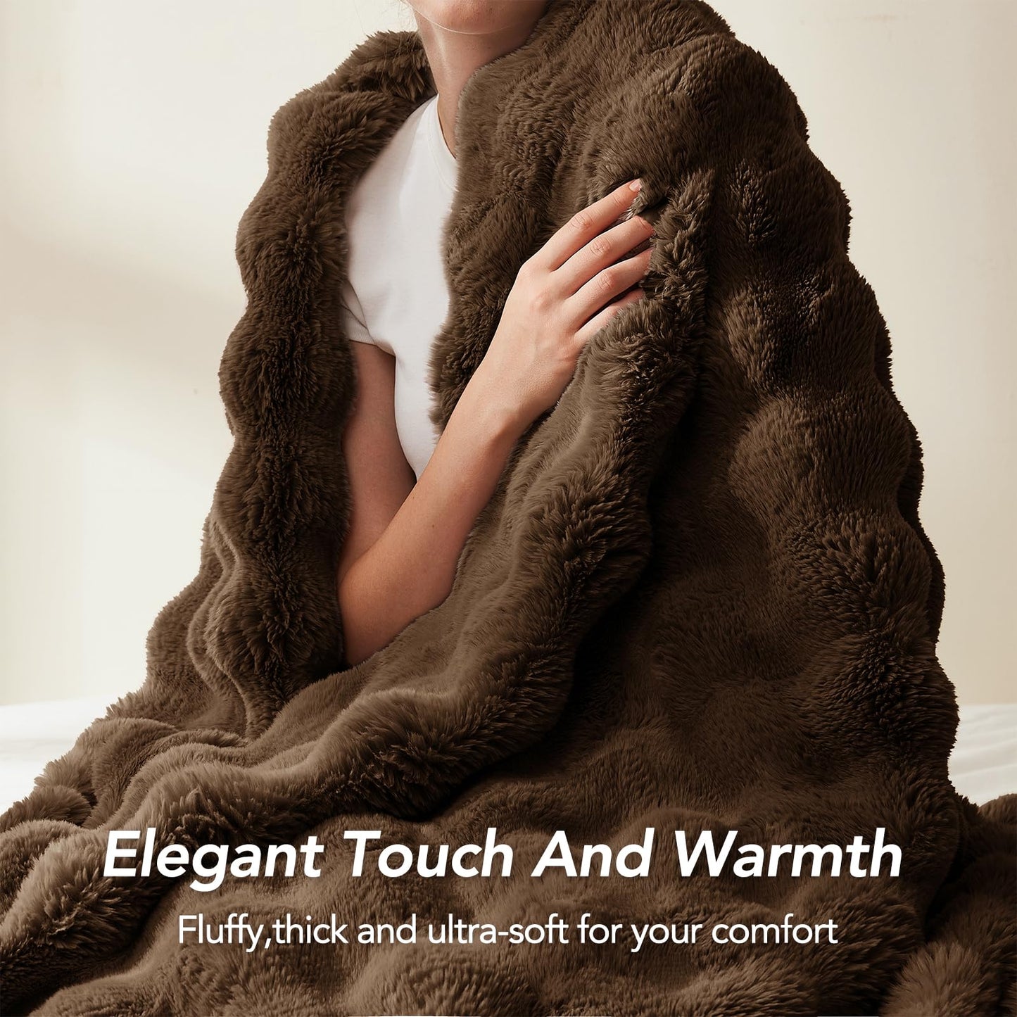 L'AGRATY Faux Rabbit Fur Blanket: 50" x 60" Luxury Soft Fluffy Thick Fur Throw Blanket for Couch Bed Sofa - Cozy Plush Bubble Blankets for Winter: Warm Flannel Fleece Decorative Blanket(Cocoa Brown)