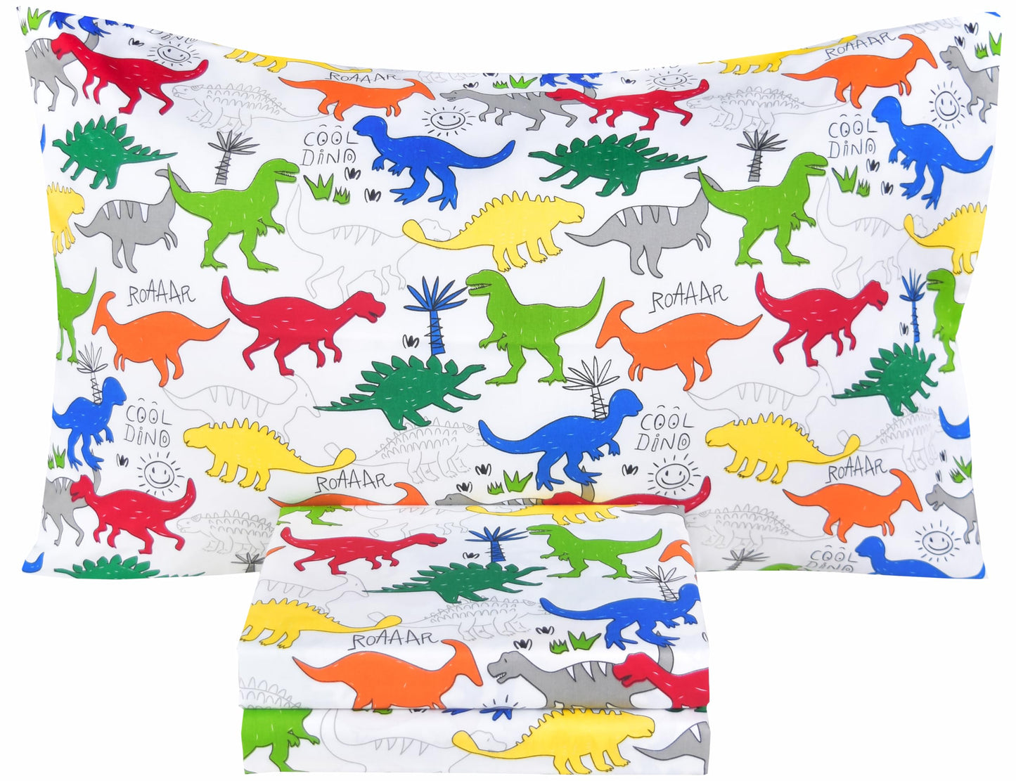 Scientific Sleep Colorful Dinosaur Cute Fun 100% Cotton Cozy Twin Bed Sheet Set, Flat Sheet & Fitted Sheet & Pillowcase Kids Boys Girls Natural Bedding Set (Dino, Twin)