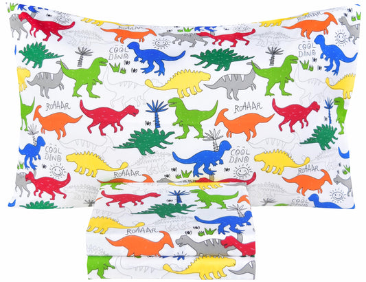 Scientific Sleep Colorful Dinosaur Cute Fun 100% Cotton Cozy Twin Bed Sheet Set, Flat Sheet & Fitted Sheet & Pillowcase Kids Boys Girls Natural Bedding Set (Dino, Twin)