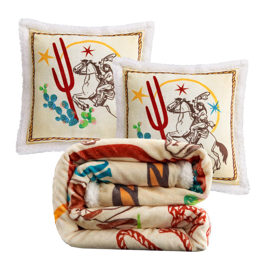 Paseo Road Indigo Hill by HiEnd Accents Retro Rodeo 3 Piece Sherpa Throw Blanket Set, Cowgirl Cow Print, Western Blanket with Riders Salute Print Pillows, Southwest Style, 1 Throw and 2 Pillows
