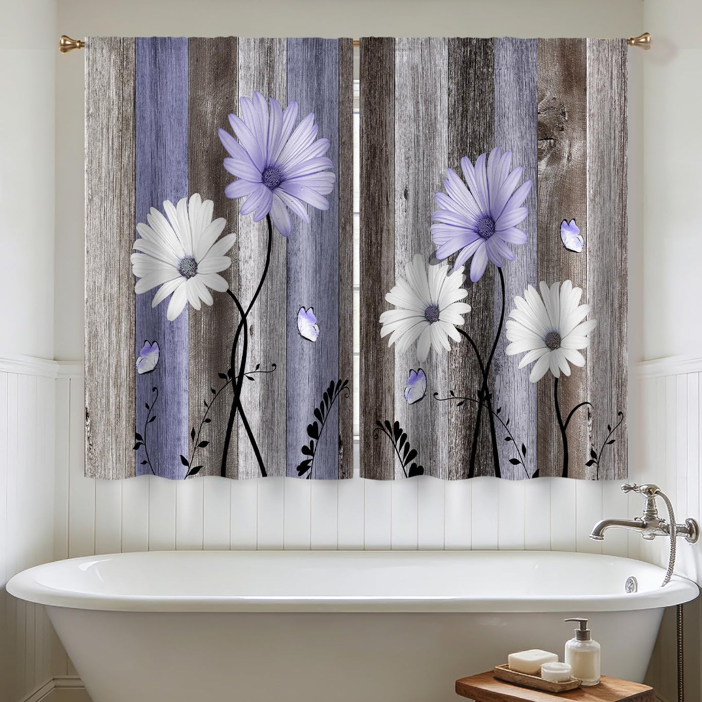 Cizuug Purple Farmhouse Daisy Kitchen Curtains Wooden Flower Small Short Cafe Window Curtains Rustic Floral Butterfly Country Bathroom Drapes Treatment Tier Curtains 2 Panels