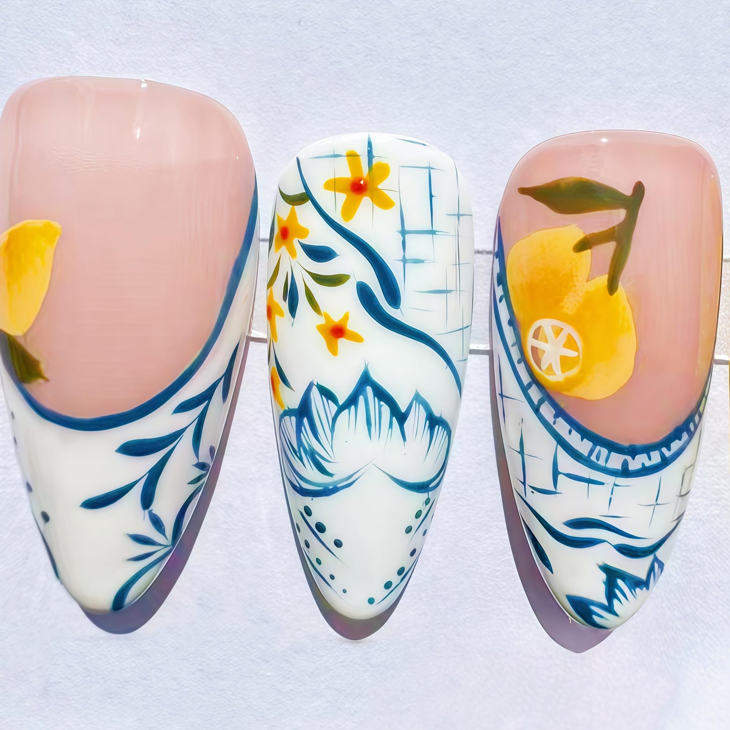 Handcrafted Press On Nails Italian Vacation Style Lemon & Blue Ceramic Pattern 100% Handmade Realistic Artistic Fake Nails With Adhesive Glue Tabs And Tool Gifts For Women (Lemon,Medium M)