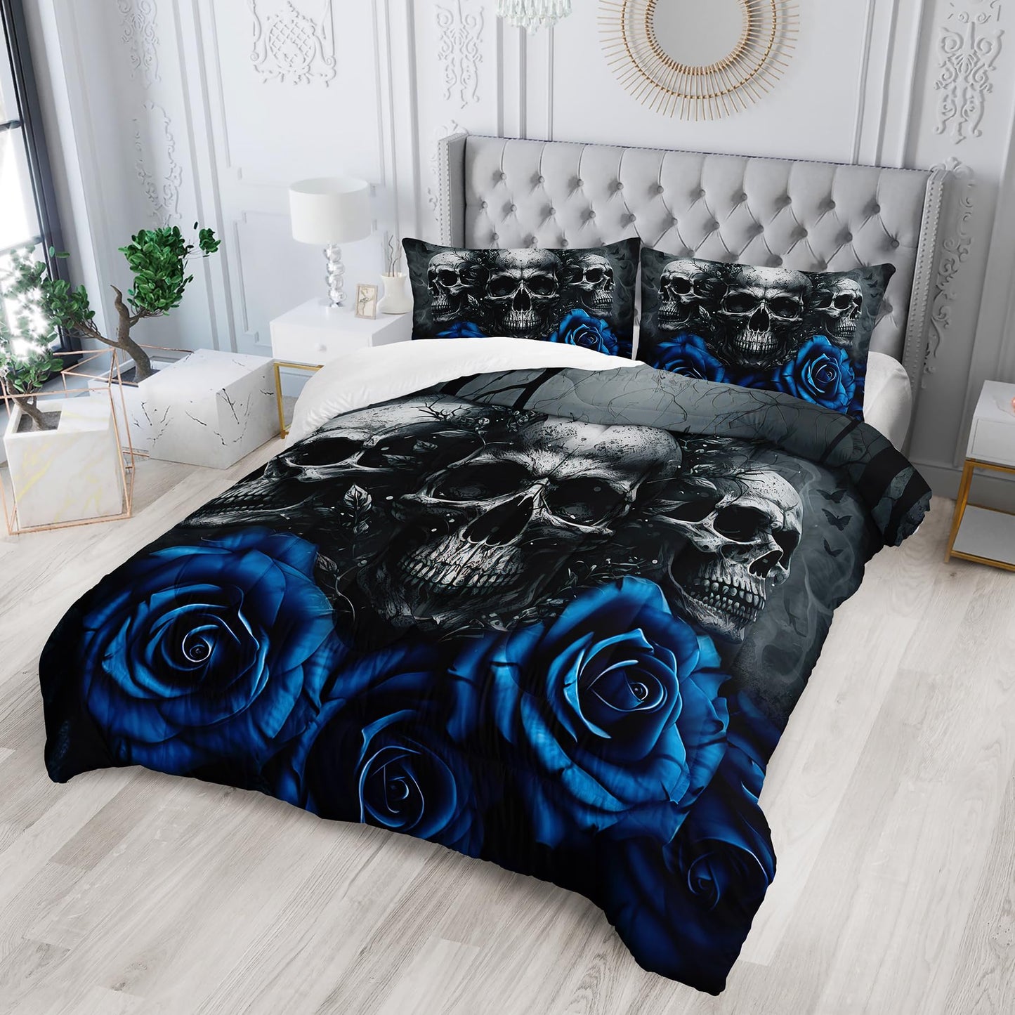 Tuzaovy Skull Bedding Set Queen Size,Goth Bedding Sets Queen with Comforter,Skull Comforter Set,Rose Comforter Halloween Skull Bed Comforter,Black Bedding Skull Quilt
